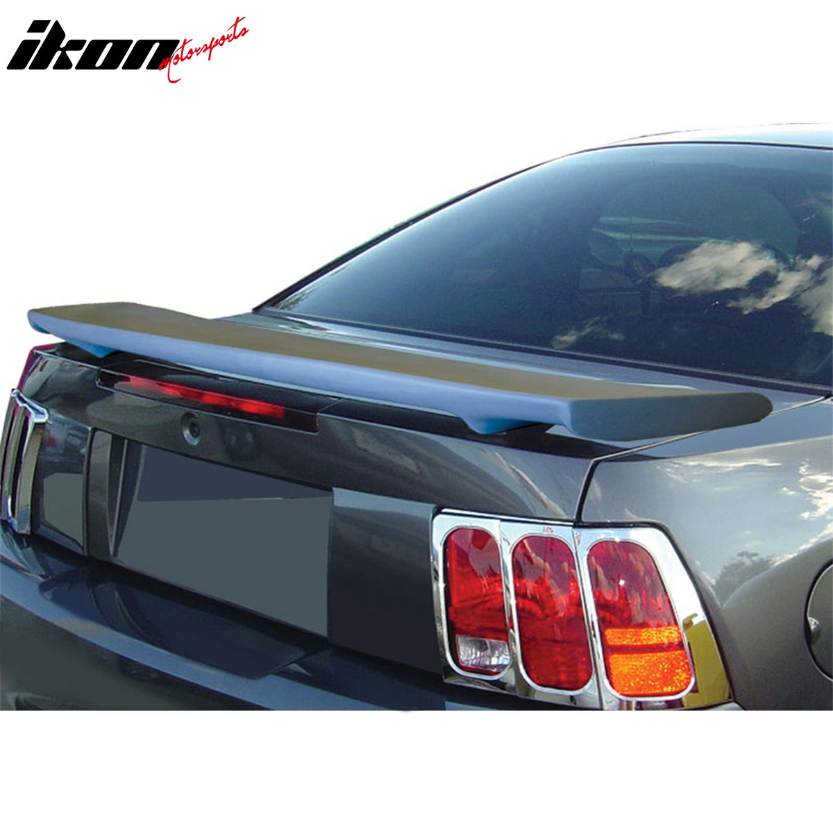 IKON MOTORSPORTS, Trunk Spoiler Compatible with 1994-1998 Ford Mustang, Custom Style 2 Post Gray Primer Fiberglass Rear Trunk Lid Spoiler Wing Lip