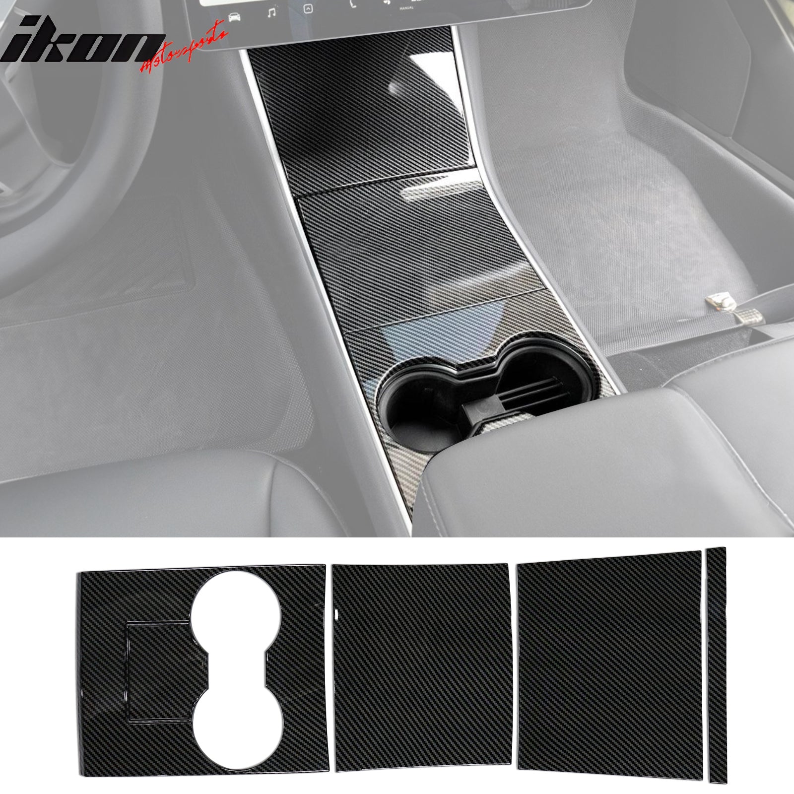 IKON MOTORSPORTS, Console Box Cover Compatible With 2017-2020 Tesla Model 3 All Models, ABS Storage Box Cover Trim 4PCS