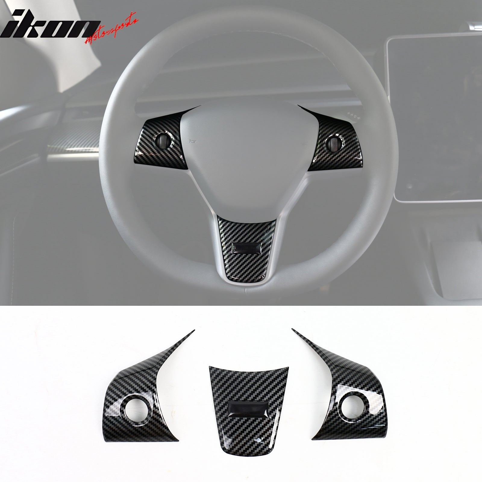 IKON MOTORSPORTS, Steering Wheel Cover Trims Compatible With 2017-2023 Tesla Model 3 & 2020-2023 Model Y, ABS 3PCS