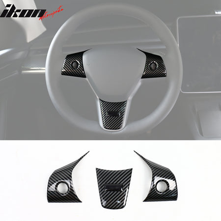 IKON MOTORSPORTS, Steering Wheel Cover Trims Compatible With 2017-2023 Tesla Model 3 & 2020-2023 Model Y, ABS 3PCS