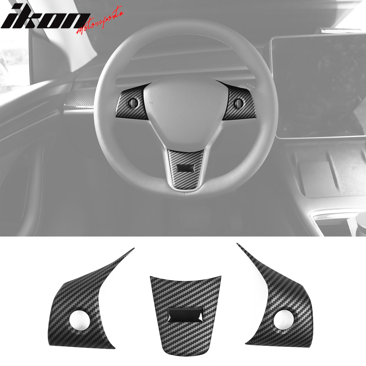 IKON MOTORSPORTS, Steering Wheel Cover Trims Compatible With 2017-2023 Tesla Model 3 & 2020-2023 Model Y, ABS 3PCS