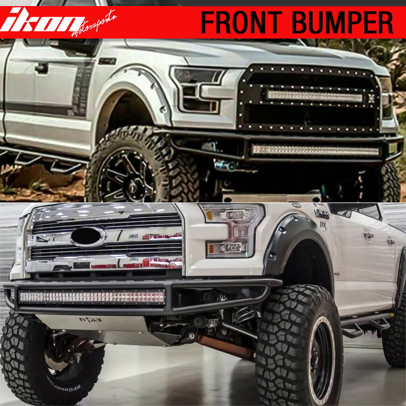 IKON MOTORSPORTS, Front Bumper Compatible With 2015-2022 Ford F-150, Front Bumper Brush Guard Protector Added on Bodykit Replacement Carbon Steel Textured Black, 2016 2017