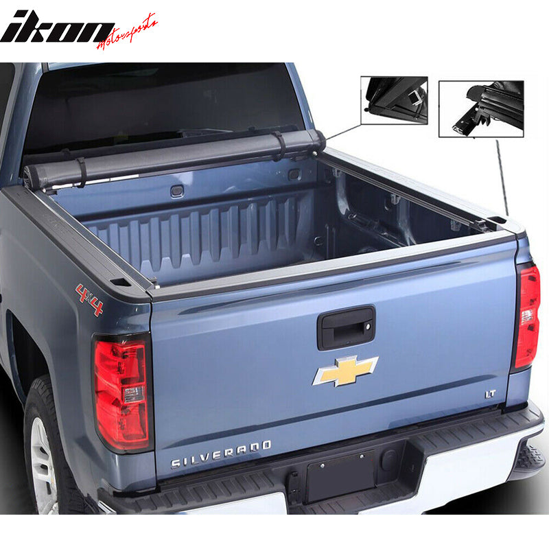 IKON MOTORSPORTS, Tonneau Cover Compatible With 2019-2022 Chevy Silverado GMC Sierra 1500, Roll and Lock Soft Style Double sided 24 oz vinyl Aluminum Black 6.6 ft Bed