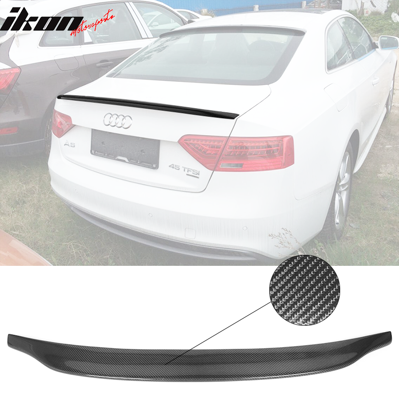 IKON MOTORSPORTS, Trunk Spoiler Compatible With 2008-2015 Audi A5 B8 Coupe, Matte Carbon Fiber + FRP CA Style Rear Spoiler Wing, 2009 2010 2011 2012 2013 2014