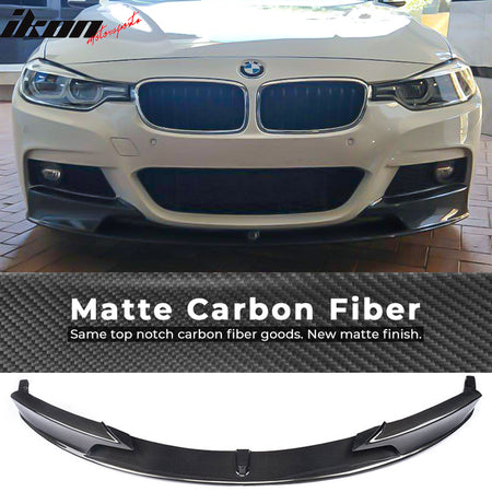 IKON MOTORSPORTS, Front Bumper Lip Compatible With 2012-2018 BMW 3 Series F30 Sedan M Sport , Matte Carbon Fiber MP Style Front Lip Spoiler Wing Chin Splitter, 2013 2014 2015 2016 2017