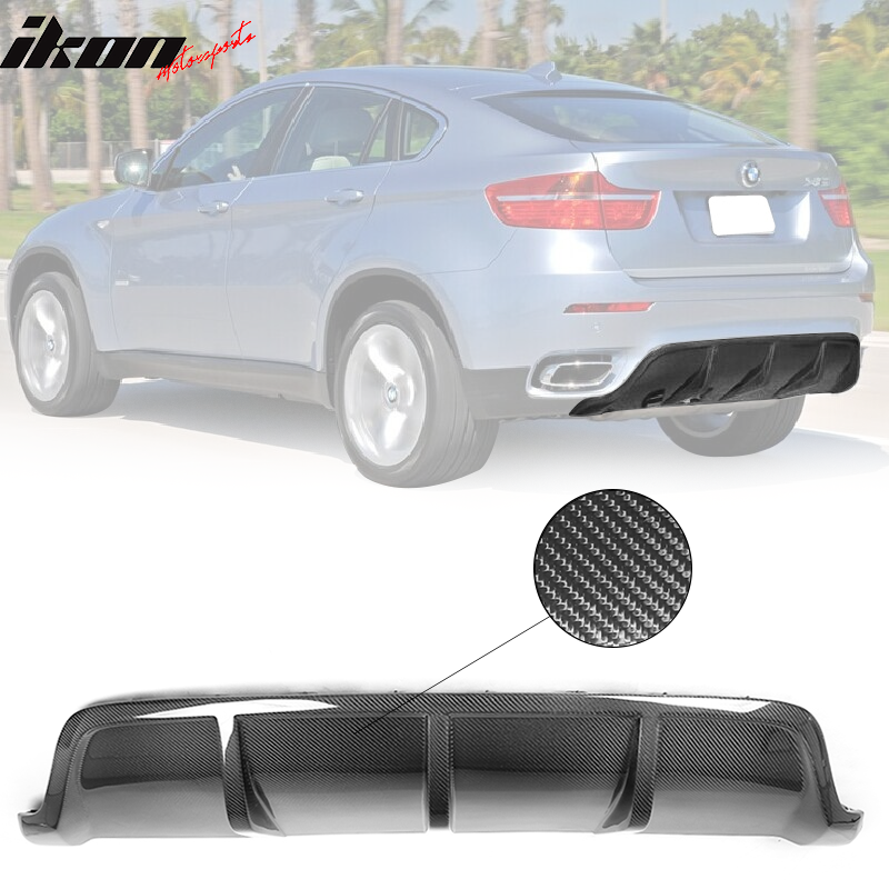 IKON MOTORSPORTS, Rear Diffuser Compatible With 2008-2014 BMW X6 E71 , Matte Carbon Fiber JC Style Rear Bumper Lip Spoiler Wing, 2009 2010 2011 2012 2013