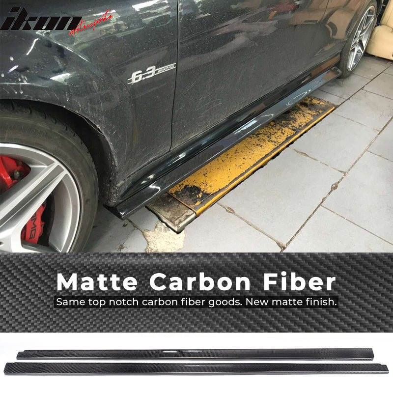 IKON MOTORSPORTS, Side Skirts Compatible With 2008-2014 Mercedes-Benz C Class W204 C63 Sedan , Matte Carbon Fiber + FRP DP Style Side Skirt Extension Rocker Panel Pair, 2009 2010 2011 2012 2013