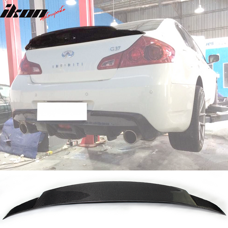 IKON MOTORSPORTS, Trunk Spoiler Compatible With 2010-2013 Infiniti G37 Sedan , Matte Carbon Fiber + FRP JC Style Rear Spoiler Wing, 2011 2012