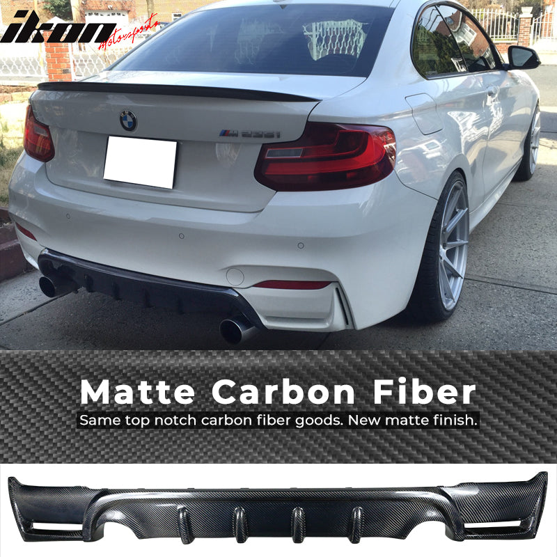 IKON MOTORSPORTS, Rear Diffuser Compatible With 2014-2020 BMW 2 Series F11 Coupe , Matte Carbon Fiber + FRP AP Style Rear Bumper Lip Spoiler Wing, 2015 2016 2017 2018 2019