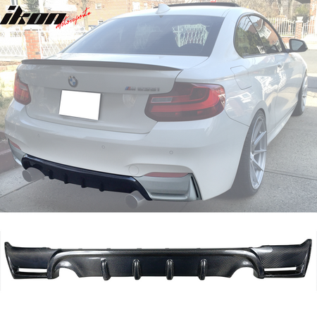 IKON MOTORSPORTS, Rear Diffuser Compatible With 2014-2020 BMW 2 Series F11 Coupe , Matte Carbon Fiber + FRP AP Style Rear Bumper Lip Spoiler Wing, 2015 2016 2017 2018 2019