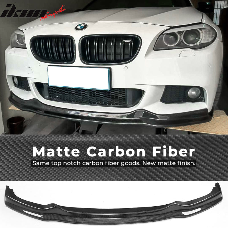 IKON MOTORSPORTS, Front Bumper Lip Compatible With 2011-2016 BMW 5 Series F10 M Sport , Matte Carbon Fiber + FRP AK Style Front Lip Spoiler Wing Chin Splitter, 2012 2013 2014 2015