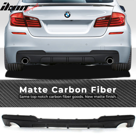 IKON MOTORSPORTS, Rear Diffuser Compatible With 2011-2016 BMW 5 Series F10 M Sport , Matte Carbon Fiber + FRP M Performance Style Rear Bumper Lip Spoiler Wing, 2012 2013 2014 2015