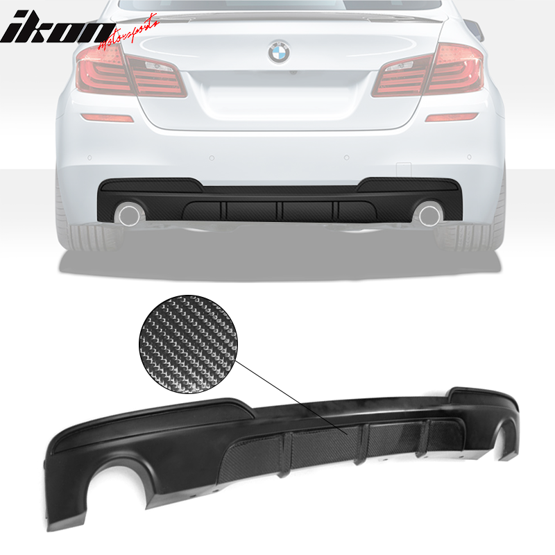 IKON MOTORSPORTS, Rear Diffuser Compatible With 2011-2016 BMW 5 Series F10 M Sport , Matte Carbon Fiber + FRP M Performance Style Rear Bumper Lip Spoiler Wing, 2012 2013 2014 2015