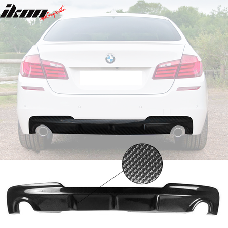 IKON MOTORSPORTS, Rear Diffuser Compatible With 2011-2016 BMW 5 Series F10 M Sport , Matte Carbon Fiber + FRP AK Style Rear Bumper Lip Spoiler Wing, 2012 2013 2014 2015