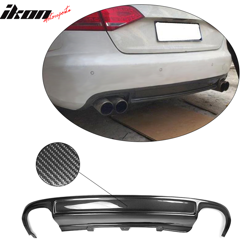 IKON MOTORSPORTS, Rear Diffuser Compatible With 2009-2012 Audi A4 B8 Sedan , Matte Carbon Fiber + FRP S4 Style Rear Bumper Lip Spoiler Wing, 2010 2011