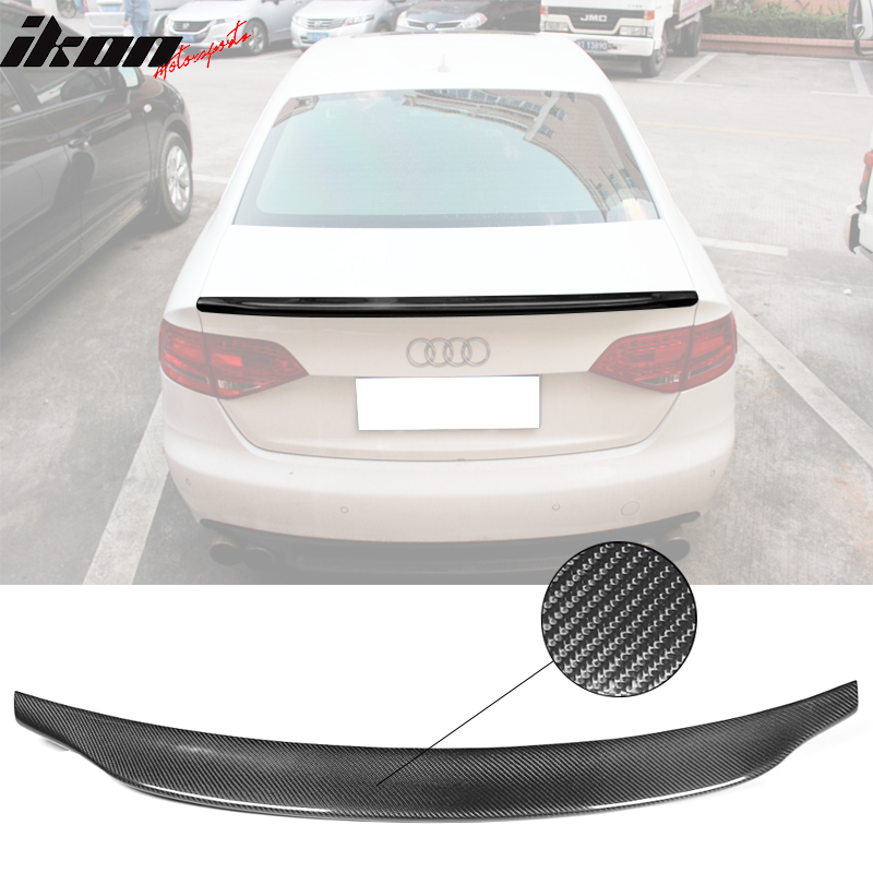 IKON MOTORSPORTS, Trunk Spoiler Compatible With 2009-2016 Audi A4 B8 Sedan , Matte Carbon Fiber + FRP Type A Rear Spoiler Wing, 2014 2015