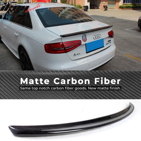 IKON MOTORSPORTS, Trunk Spoiler Compatible With 2009-2016 Audi A4 B8 Sedan , Matte Carbon Fiber + FRP Factory Style Rear Spoiler Wing, 2010 2011 2012 2013 2014 2015