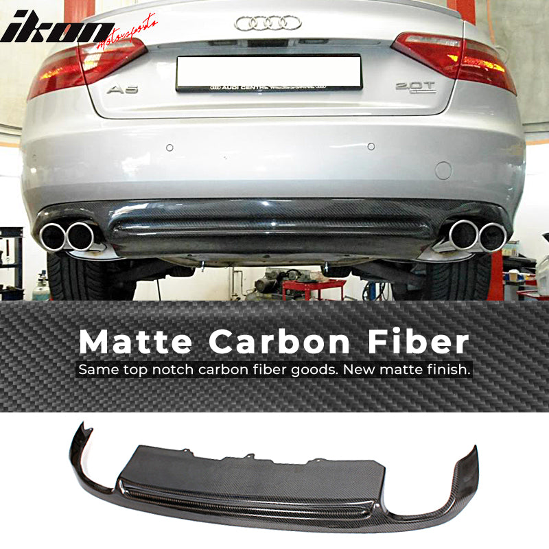 IKON MOTORSPORTS, Rear Diffuser Compatible With 2008-2012 Audi A5 B8 Coupe , Matte Carbon Fiber + FRP O Style Rear Bumper Lip Spoiler Wing, 2009 2010 2011