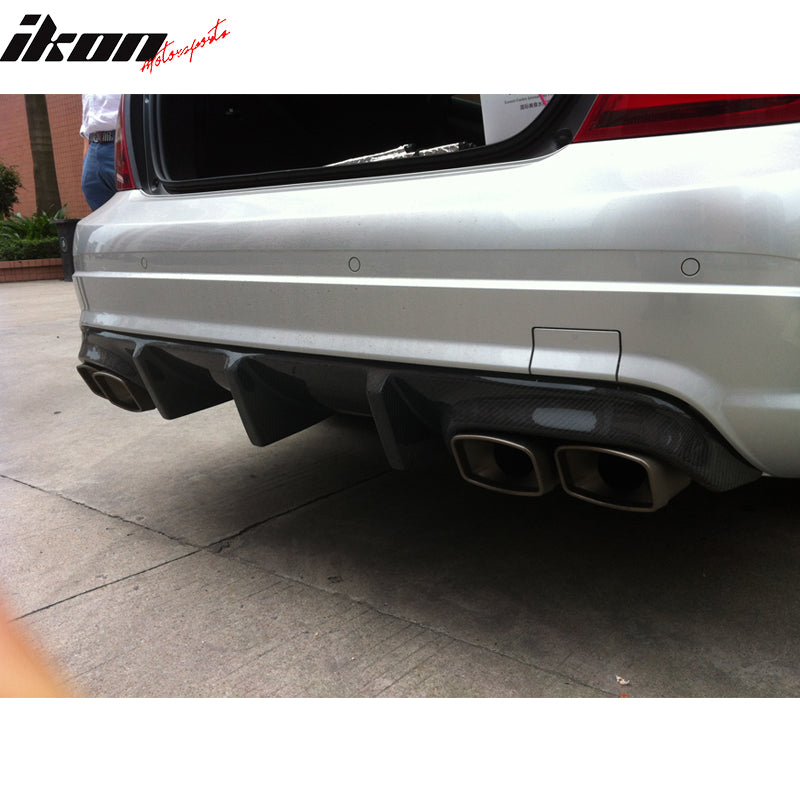 IKON MOTORSPORTS, Rear Diffuser Compatible With 2008-2011 Mercedes-Benz C Class W204 C63 , Matte Carbon Fiber + FRP TMS Style Rear Bumper Lip Spoiler Wing, 2009 2010