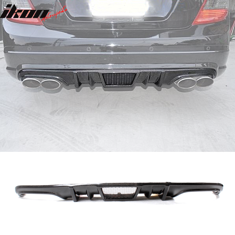 IKON MOTORSPORTS, Rear Diffuser Compatible With 2008-2011 Mercedes-Benz C Class W204 C63 , Matte Carbon Fiber + FRP R Style Rear Bumper Lip Spoiler Wing, 2009 2010