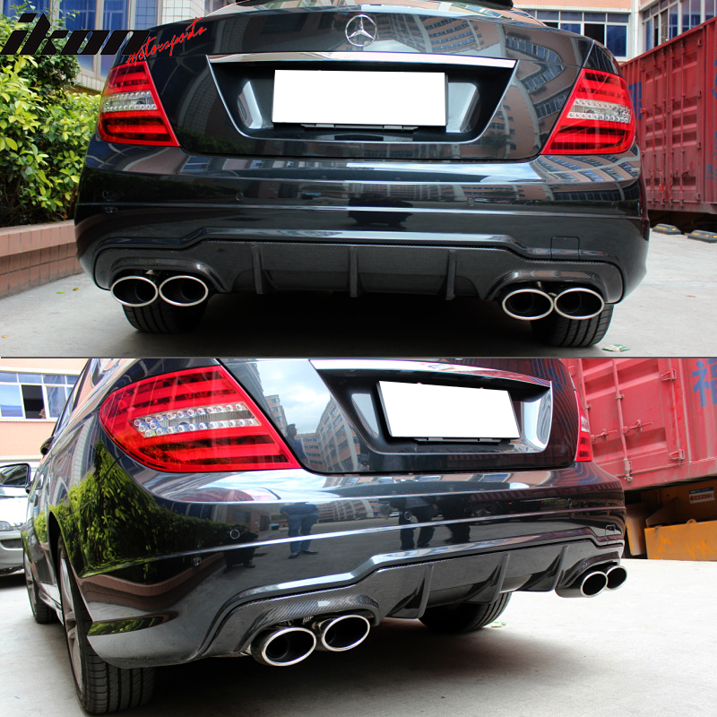 IKON MOTORSPORTS, Rear Diffuser Compatible With 2012-2014 Mercedes-Benz C Class W204 C63 , Matte Carbon Fiber + FRP C63 Style Rear Bumper Lip Spoiler Wing, 2013