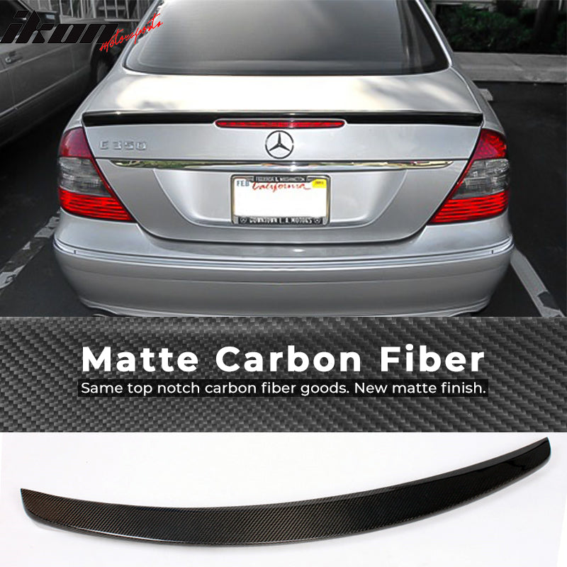 IKON MOTORSPORTS, Trunk Spoiler Compatible With 2003-2009 Mercedes-Benz E-Class W211 Sedan , Matte Carbon Fiber + FRP AMG Style Rear Spoiler Wing, 2004 2005 2006 2007 2008