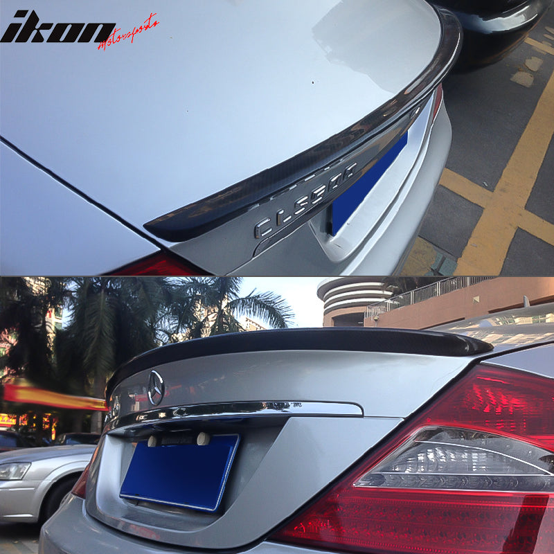 IKON MOTORSPORTS, Trunk Spoiler Compatible With 2005-2010 Mercedes-Benz W219 CLS300 CLS350 CLS63 AMG Sedan 4-Door , Matte Carbon Fiber + FRP AMG Style Rear Spoiler Wing, 2007 2008 2009