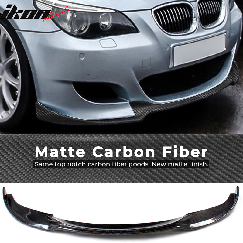 IKON MOTORSPORTS, Front Bumper Lip Compatible With 2006-2010 BMW 5 Series E60 M5 , Matte Carbon Fiber + FRP HM Style Front Lip Spoiler Wing Chin Splitter, 2007 2008 2009