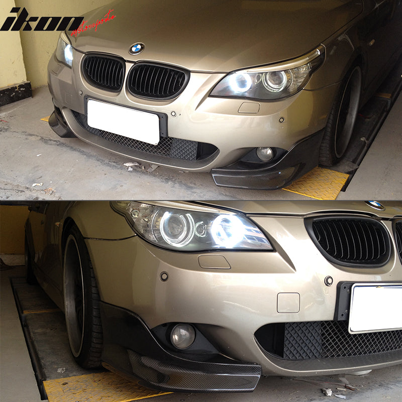 IKON MOTORSPORTS, Front Splitters Compatible With 2004-2010 BMW 5 Series E60 M5 , Matte Carbon Fiber + FRP 3D Style Front Bumper Lip Chin Spoiler Wing 2PC , 2005 2006 2007 2008 2009