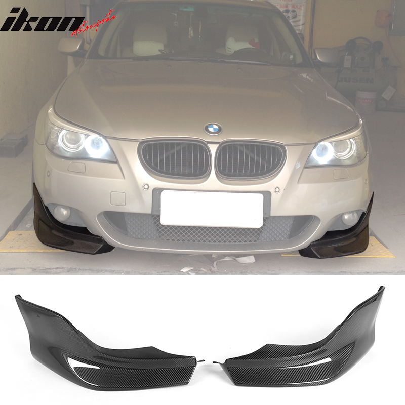 IKON MOTORSPORTS, Front Splitters Compatible With 2004-2010 BMW 5 Series E60 M5 , Matte Carbon Fiber + FRP 3D Style Front Bumper Lip Chin Spoiler Wing 2PC , 2005 2006 2007 2008 2009