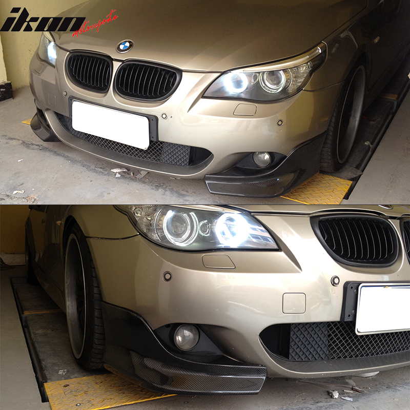 IKON MOTORSPORTS, Front Splitters Compatible With 2004-2010 BMW 5 Series E60 M5 , Matte Carbon Fiber + FRP 3D Style Front Bumper Lip Chin Spoiler Wing 2PC , 2005 2006 2007 2008 2009