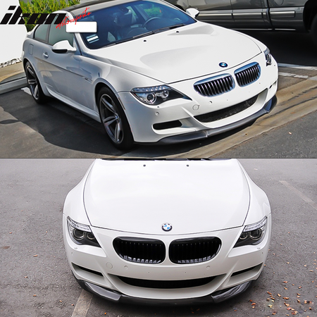 IKON MOTORSPORTS, Front Bumper Lip Compatible With 2006-2010 BMW 6 Series E64 M6 , Matte Carbon Fiber + FRP V Style Front Lip Spoiler Wing Chin Splitter, 2007 2008 2009