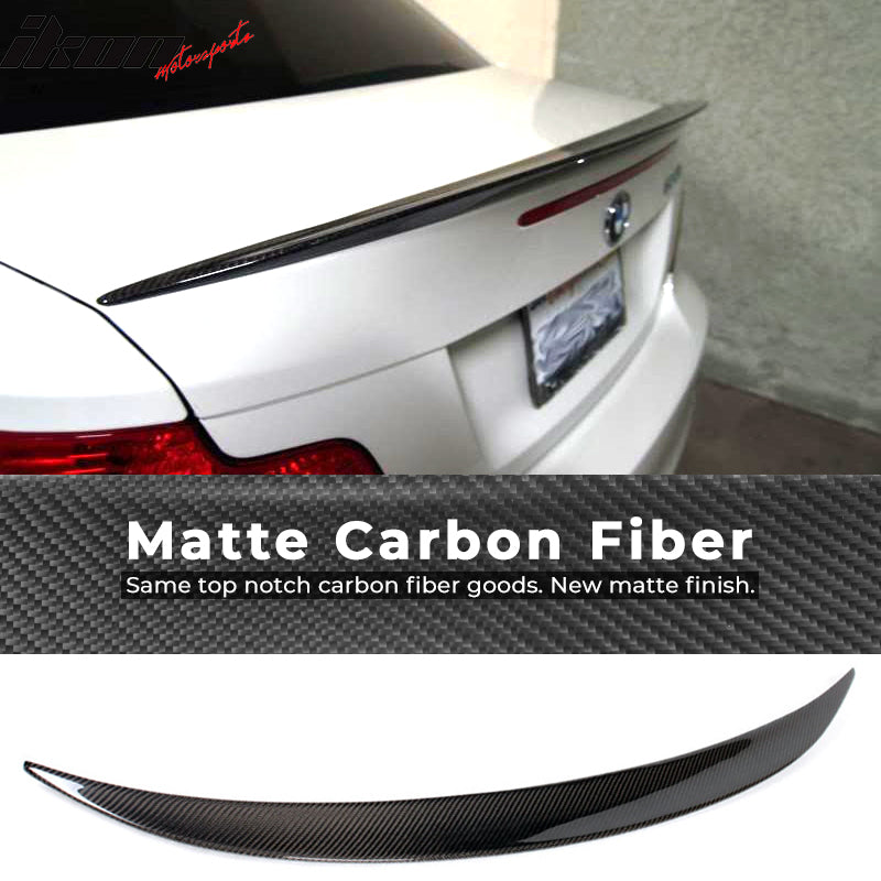 IKON MOTORSPORTS, Trunk Spoiler Compatible With 2007-2013 BMW 1 Series E82 , Matte Carbon Fiber + FRP M Performance Style Rear Spoiler Wing, 2008 2009 2010 2011 2012