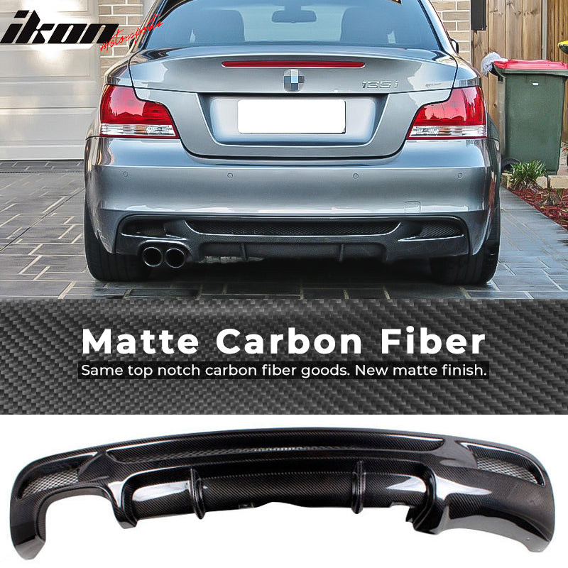 IKON MOTORSPORTS, Rear Diffuser Compatible With 2007-2013 BMW 1 Series E82 Coupe M Sport , Matte Carbon Fiber HT Style Rear Bumper Lip Spoiler Wing, 2008 2009 2010 2011 2012