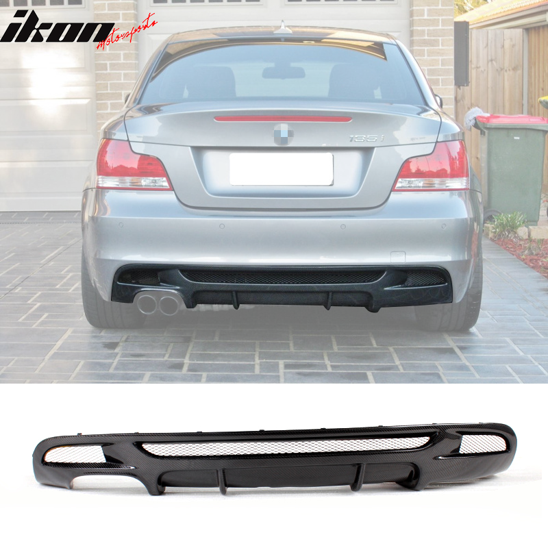 IKON MOTORSPORTS, Rear Diffuser Compatible With 2007-2013 BMW 1 Series E82 Coupe M Sport , Matte Carbon Fiber HT Style Rear Bumper Lip Spoiler Wing, 2008 2009 2010 2011 2012