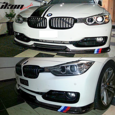 IKON MOTORSPORTS, Front Bumper Lip Compatible With 2012-2015 BMW 3 Series F30 Sedan Base Model , Matte Carbon Fiber H Style Front Lip Spoiler Wing Chin Splitter, 2013 2014