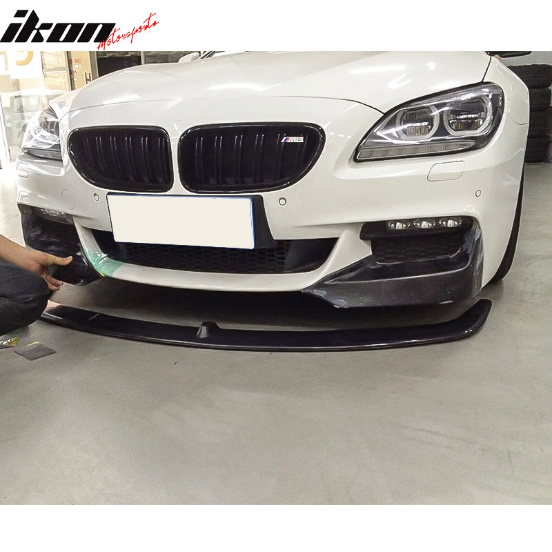 IKON MOTORSPORTS, Front Bumper Lip & Splitters Compatible With 2012-2017 BMW 6 Series F12 F13 M Sport , Matte Carbon Fiber + FRP P Style Front Lip Spoiler Wing, 2013 2014 2015 2016