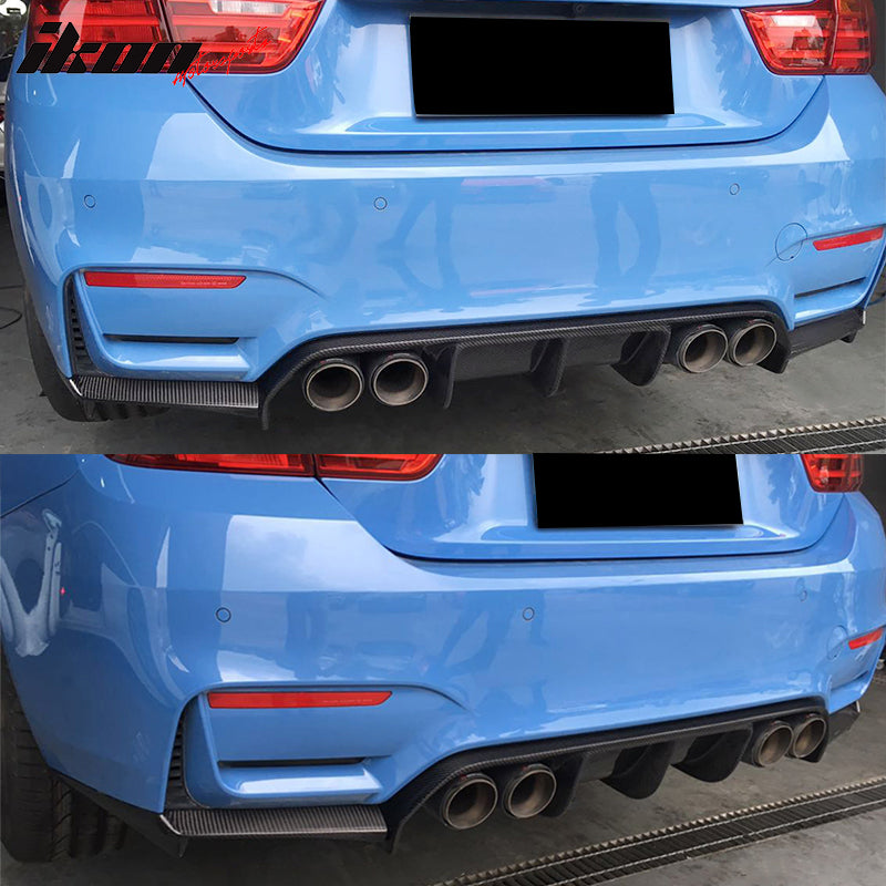 IKON MOTORSPORTS, Rear Diffuser Compatible With 2015-2020 BMW M3 F80 M4 F82 F83 , Matte Carbon Fiber + FRP V Style Rear Bumper Lip Spoiler Wing, 2016 2017 2018 2019