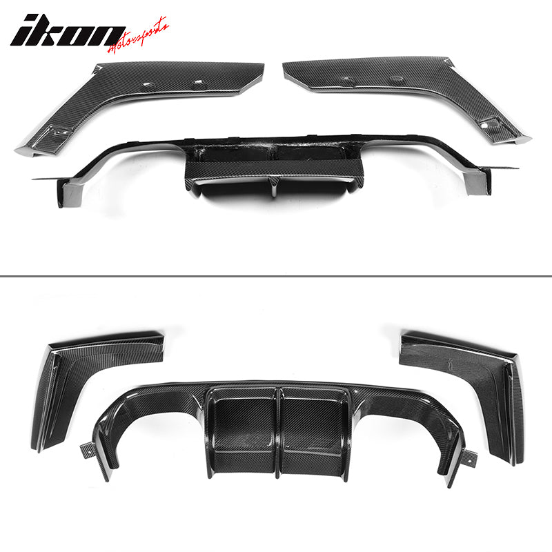 IKON MOTORSPORTS, Rear Diffuser Compatible With 2015-2020 BMW M3 F80 M4 F82 F83 , Matte Carbon Fiber + FRP V Style Rear Bumper Lip Spoiler Wing, 2016 2017 2018 2019