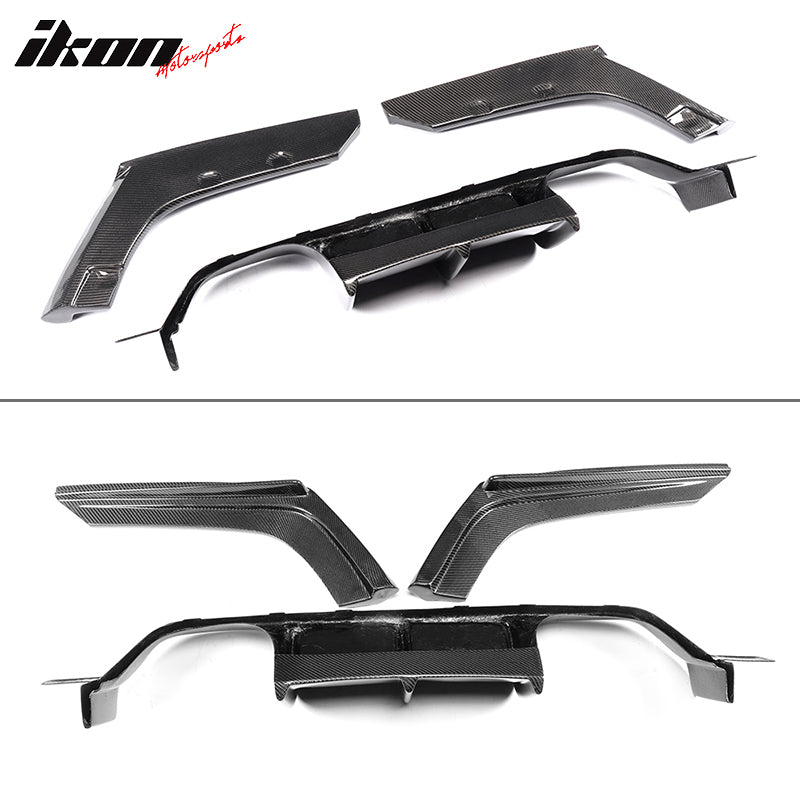 IKON MOTORSPORTS, Rear Diffuser Compatible With 2015-2020 BMW M3 F80 M4 F82 F83 , Matte Carbon Fiber + FRP V Style Rear Bumper Lip Spoiler Wing, 2016 2017 2018 2019