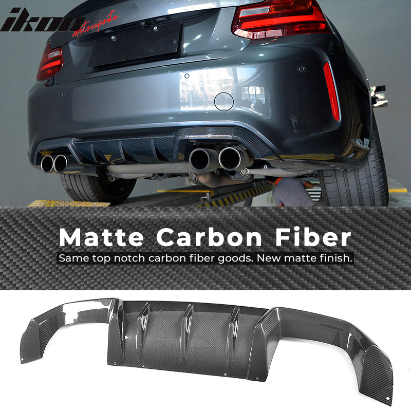 IKON MOTORSPORTS, Rear Diffuser Compatible With 2016-2019 BMW F87 M2 Coupe, MP Style Matte Carbon Fiber Rear Bumper Lip Valance Spoiler, 2017 2018