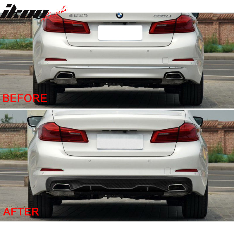 IKON MOTORSPORTS, Rear Diffuser Compatible With 2017-2018 BMW 5 Series G30 530i 540i Base, M Performance Style Matte Carbon Fiber Rear Bumper Lip Valance Spoiler