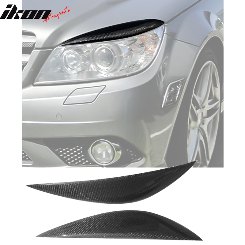 IKON MOTORSPORTS, Headlight Eyelid Compatible With 2007-2010 Mercedes-Benz C-Class W204 Sedan, JC Style Matte Carbon Fiber Headlight Eyebrow 2PC, 2008 2009