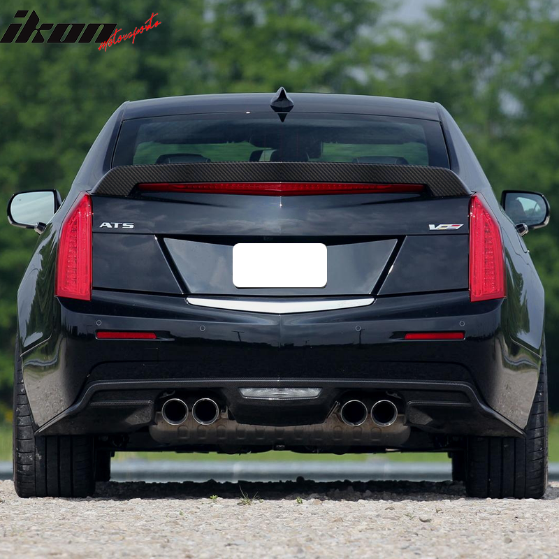 IKON MOTORSPORTS, Trunk Spoiler Compatible With 2016-2019 Cadillac ATS-V Sedan, V Style Matte Carbon Fiber Rear Spoiler Wing, 2017 2018