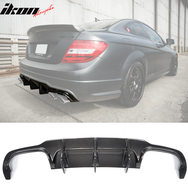 IKON MOTORSPORTS, Rear Diffuser Compatible With 2012-2014 Mercedes-Benz C Class W204 C63, AMG Style Matte Carbon Fiber Rear Bumper Lip Valance Spoiler, 2013