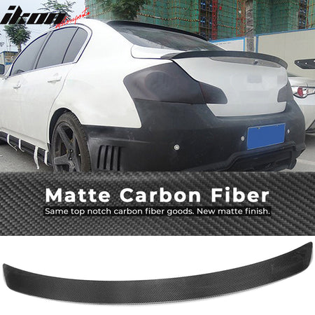 IKON MOTORSPORTS, Trunk Spoiler Compatible With 2007-2015 Infiniti G35 G25 G37 Q40 Sedan, VIP Style Matte Carbon Fiber Rear Spoiler Wing, 2008 2009 2010 2011 2012 2013 2014