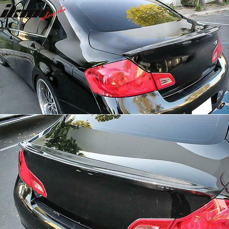 IKON MOTORSPORTS, Trunk Spoiler Compatible With 2007-2015 Infiniti G35 G25 G37 Q40 Sedan, JD Style Matte Carbon Fiber Rear Spoiler Wing, 2008 2009 2010 2011 2012 2013 2014