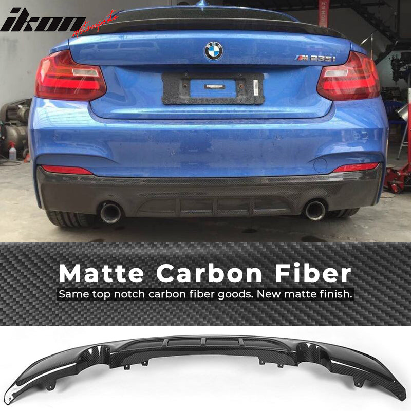 IKON MOTORSPORTS, Rear Diffuser Compatible With 2014-2020 BMW 2 Series F22 M235i 220i M sport Coupe, M Performace Style Matte Carbon Fiber Rear Bumper Lip Valance Spoiler, 2015 2016 2017 2018 2019