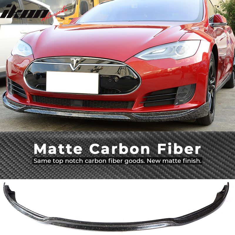 IKON MOTORSPORTS, Front Bumper Lip Compatible With 2012-2017 Tesla Model S Sedan, JC Style Matte Forged Carbon Fiber & FRP Front Lip Under Chin Spoiler Splitter, 2013 2014 2015 2016