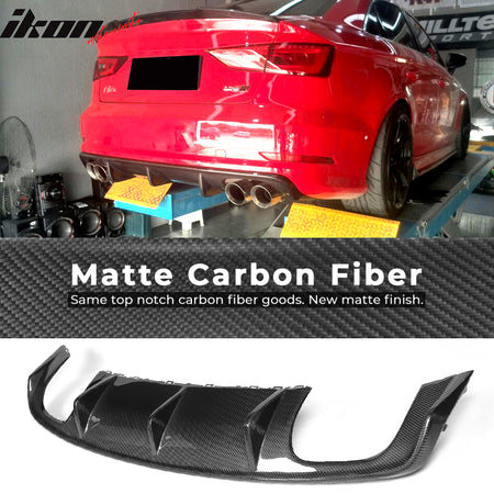 IKON MOTORSPORTS, Rear Diffuser Compatible With 2013-2016 Audi S3 8V Sedan, Factory Style Matte Carbon Fiber Rear Bumper Lip Valance Spoiler, 2014 2015